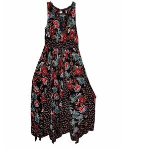Bila Boho Floral Maxi Dress Black Red Teal Sleeveless Handkerchief Hem Size L